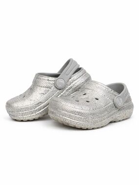 CROCS Kids Silver Glitter Sherpa-Lined Clogs – Size 6C EUC